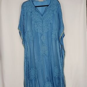 SOFT SURROUNDINGS Caftan Maxi Dress Women's Size S/M Satin Embroidered Blue Gold
